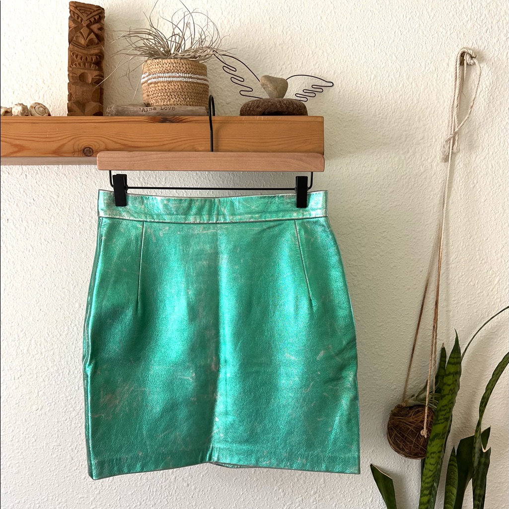 House Of Holland Metallic Green Leather Mini
